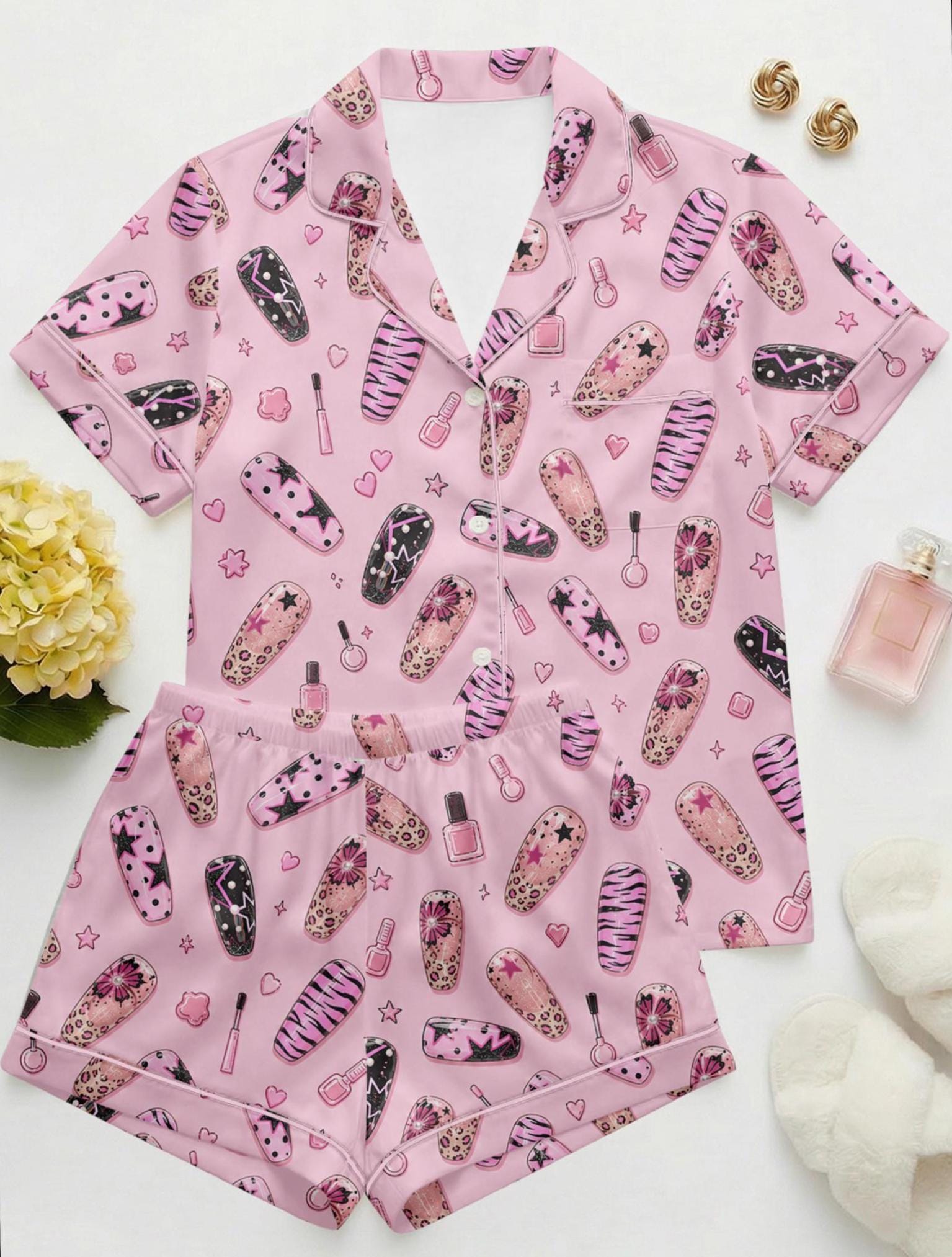Nail Art Pajama Set for Women, Pink Cute Aesthetic Pajamas, Nail Tech Gift, Y2K Girly Sleepwear, Beauty Lover Loungewear,Nail Lover Gift