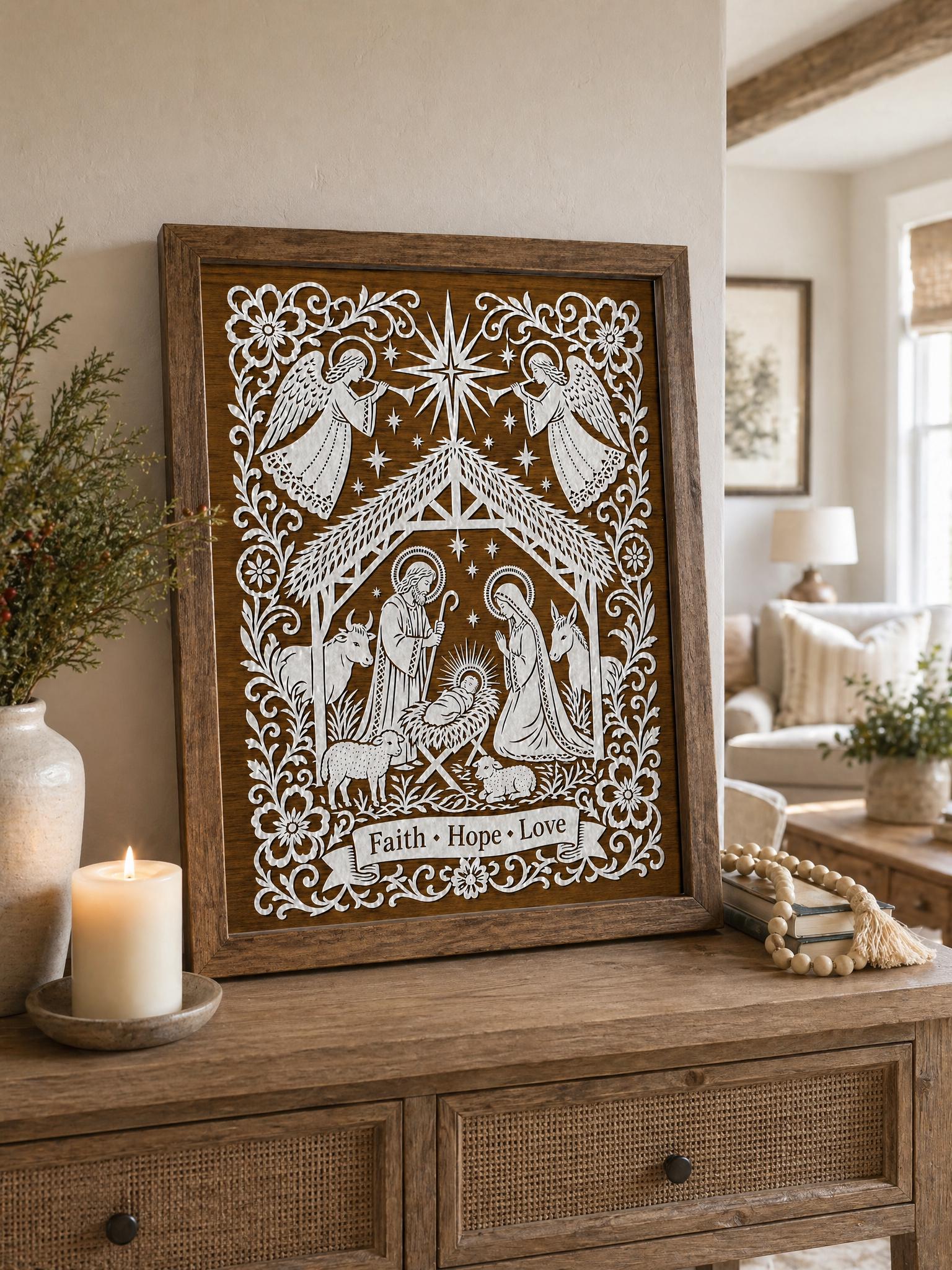 Christian Nativity Papercut Wall Art, Faith Hope Decor,  Christmas Gift, Holy Family Art, Spiritual Home Decor, Christian Wall Decor
