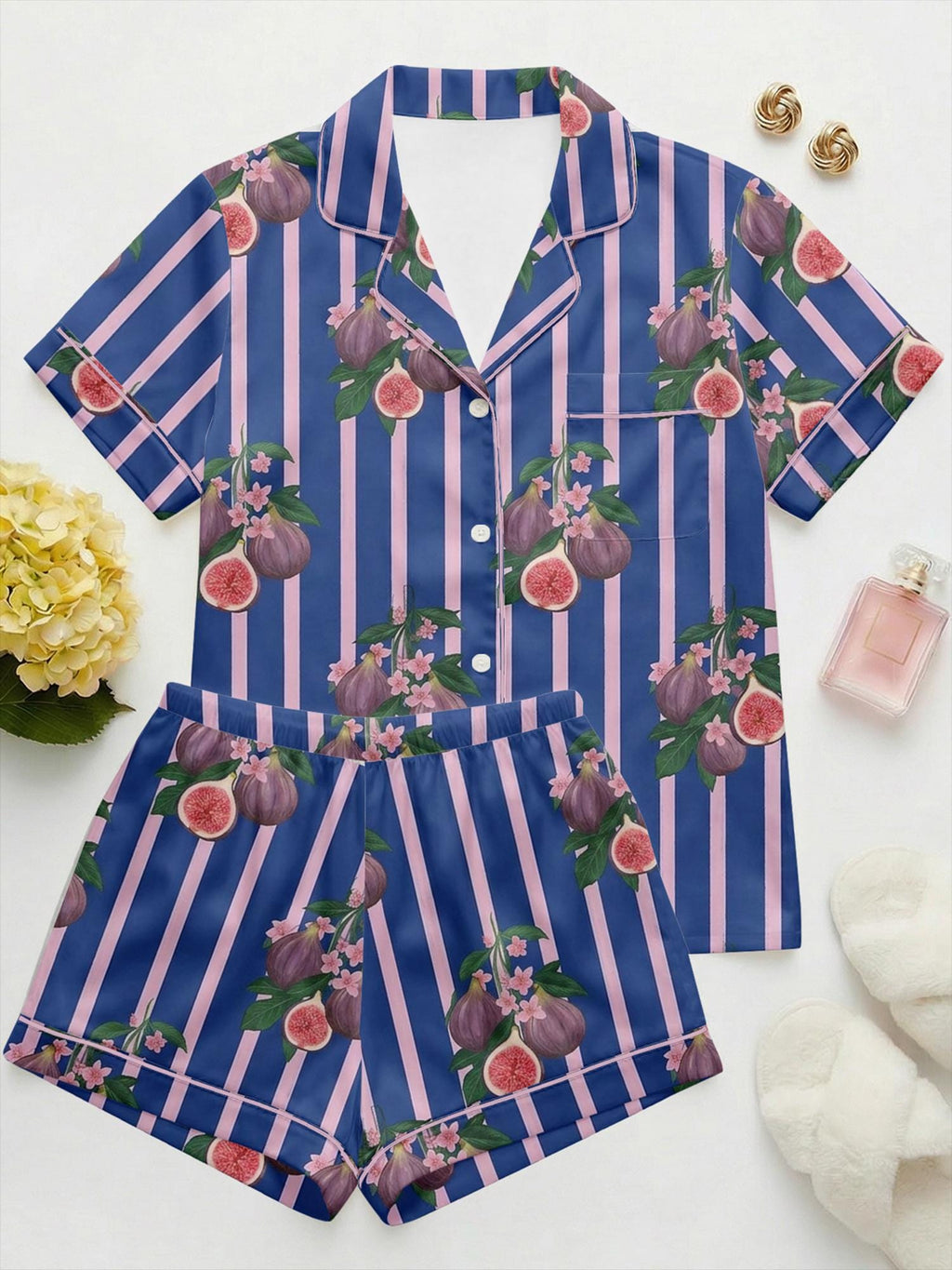 Custom Satin Pajama Set, Personalized Name, Fruit Stripe Sleepwear