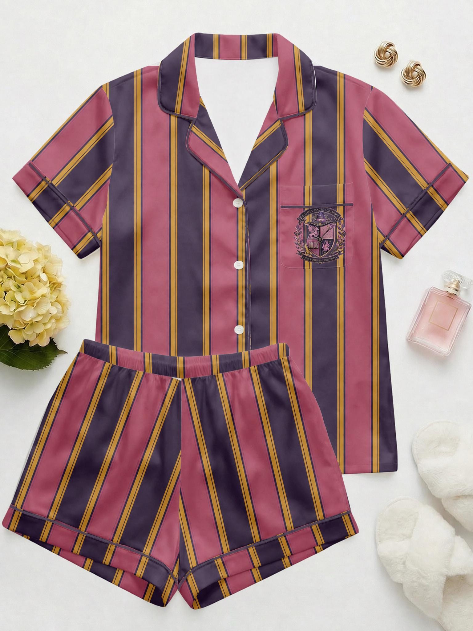 Custom School Crest Pajama Set, Personalized College Logo Pajamas, Graduation Gift for Her, Preppy Academy Satin Sleepwear, Team Pajamas