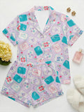 Satin Mahjong Pajama Set, Lavender Tile Print Sleepwear, Game Night Loungewear