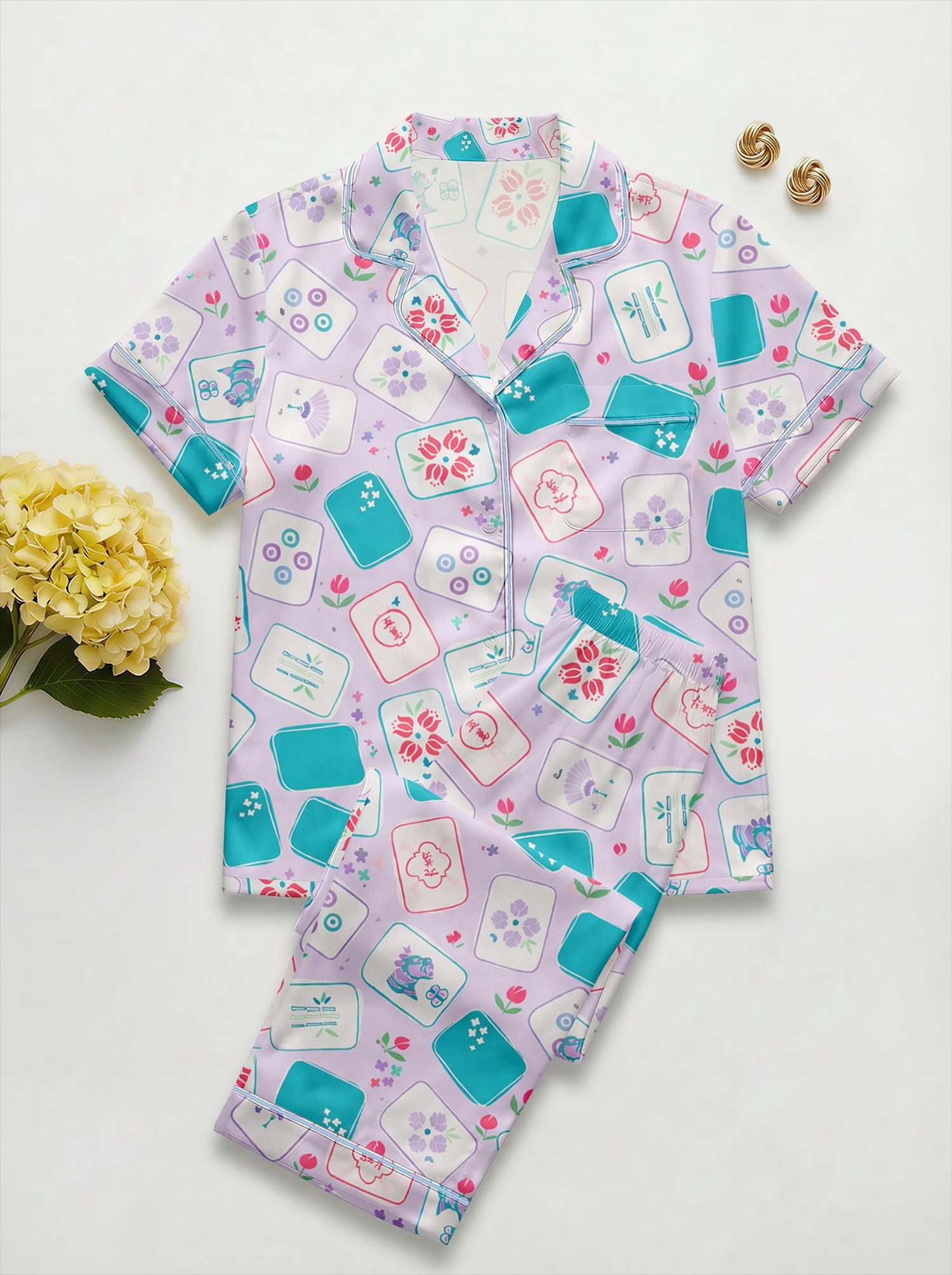 Satin Mahjong Pajama Set, Lavender Tile Print Sleepwear, Game Night Loungewear