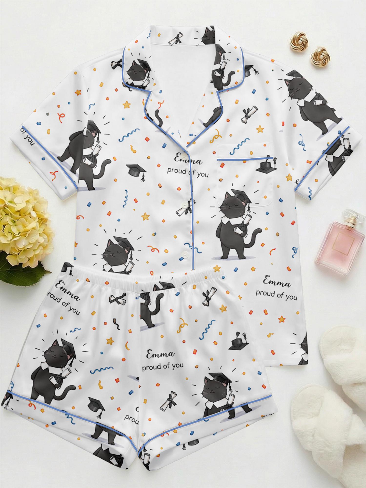 Custom Graduation Pajama Set, Personalized Duck Print Satin Sleepwear, Gift for Daughter