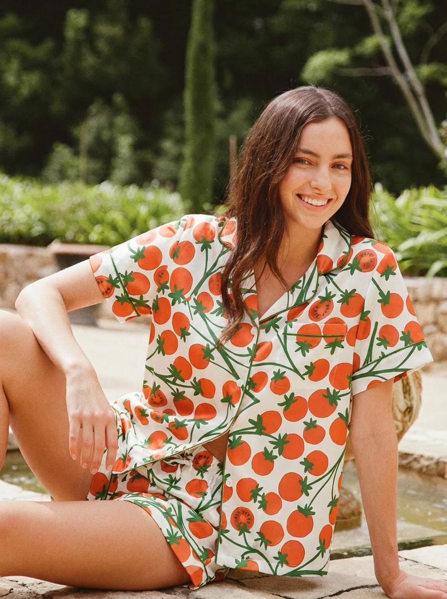 Women’s Short Sleeve Pajama Set – Tomato Print Sleepwear,  Spring/Summer Loungewear for Home