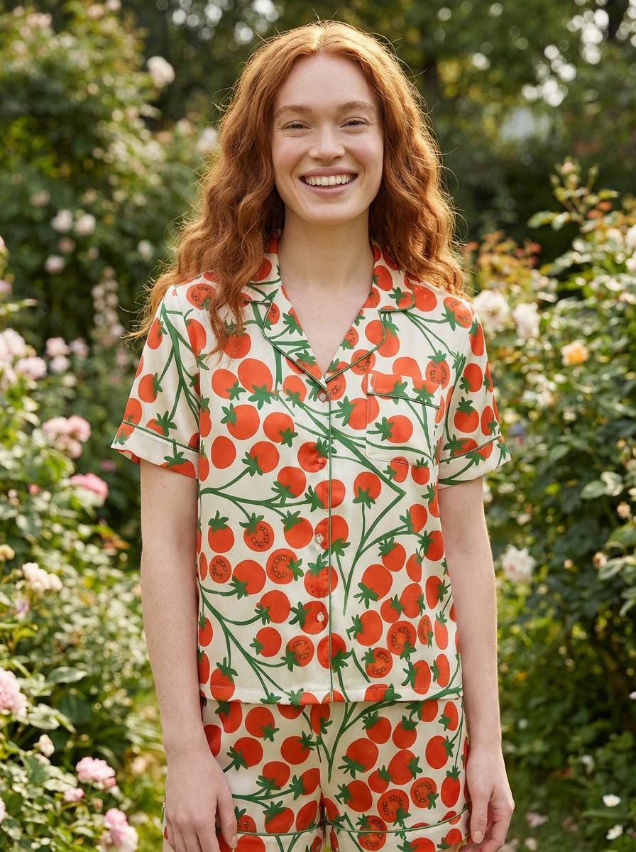 Hand-Drawn Fruit Women’s  Pajama Set ,tomato art print Sleepwear, Summer loungewear for her,satin pajamas for mothers day