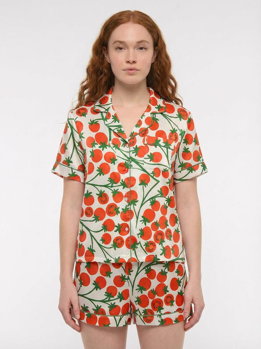 Hand-Drawn Fruit Women’s  Pajama Set ,tomato art print Sleepwear, Summer loungewear for her,satin pajamas for mothers day