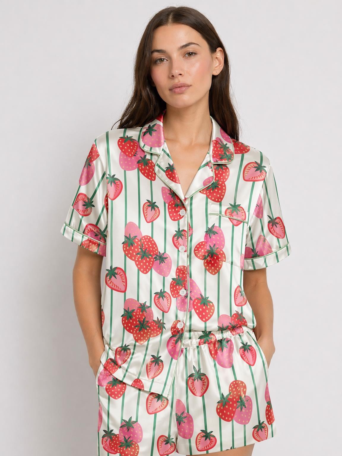 Strawberry Satin Pajama Set for Women, Summer Fruit Print Sleepwear, Dopamine Pajamas, Cottagecore  Loungewear, Pajama Shorts Set