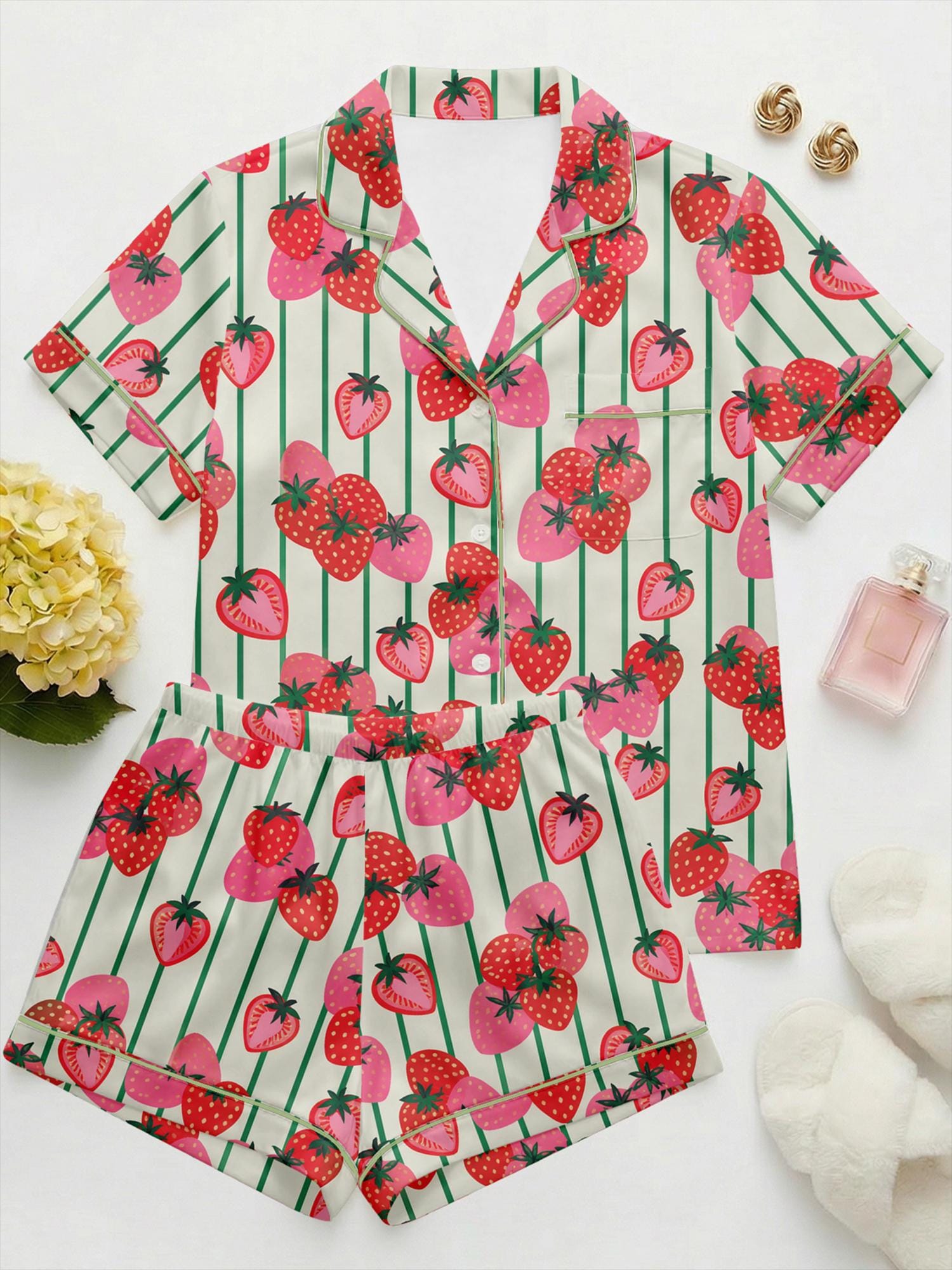 Strawberry Satin Pajama Set for Women, Summer Fruit Print Sleepwear, Dopamine Pajamas, Cottagecore  Loungewear, Pajama Shorts Set