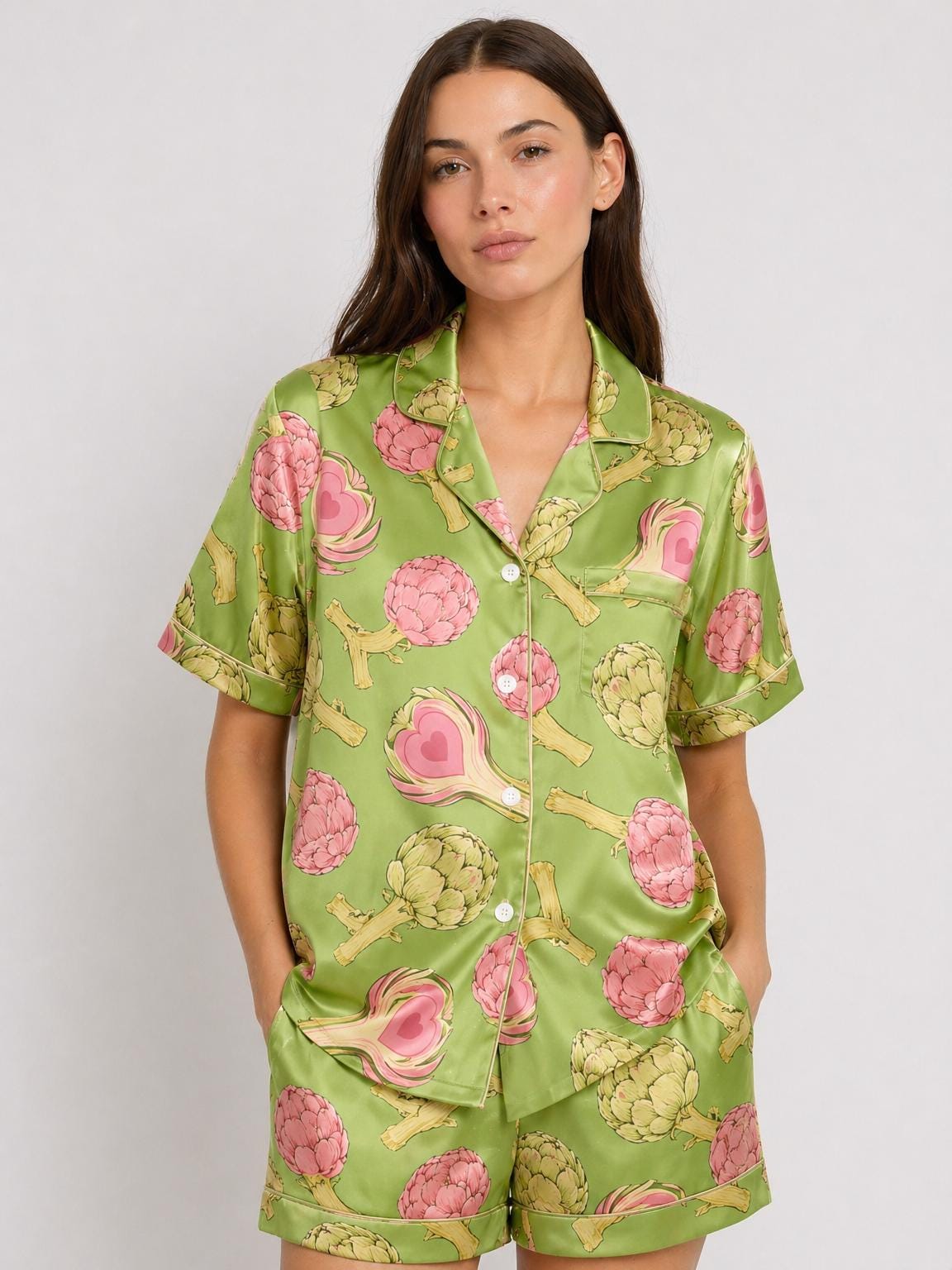 Artichoke Satin Pajama Set for Women, Summer Short  Pajamas, Cottagecore Vegetable Print Sleepwear, Cute Loungewear Set