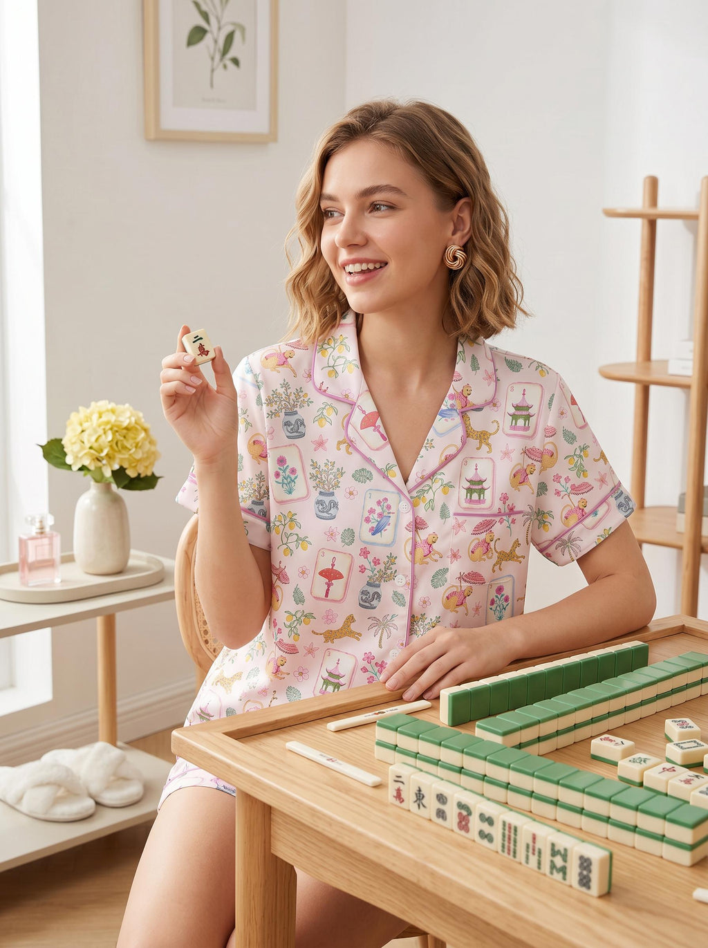 Mahjong Satin Pajama Set for Women, Monkey Print Pajamas, Summer Short PJs, Cute Oriental Mahjong Sleepwear, Gift for Mom