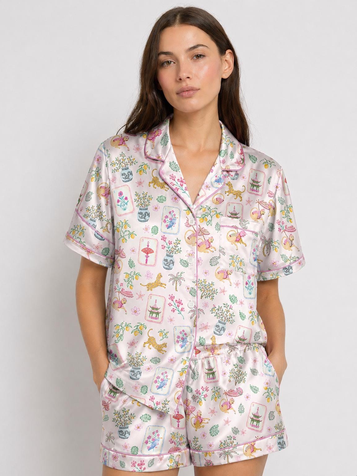 Mahjong Satin Pajama Set for Women, Monkey Print Pajamas, Summer Short PJs, Cute Oriental Mahjong Sleepwear, Gift for Mom