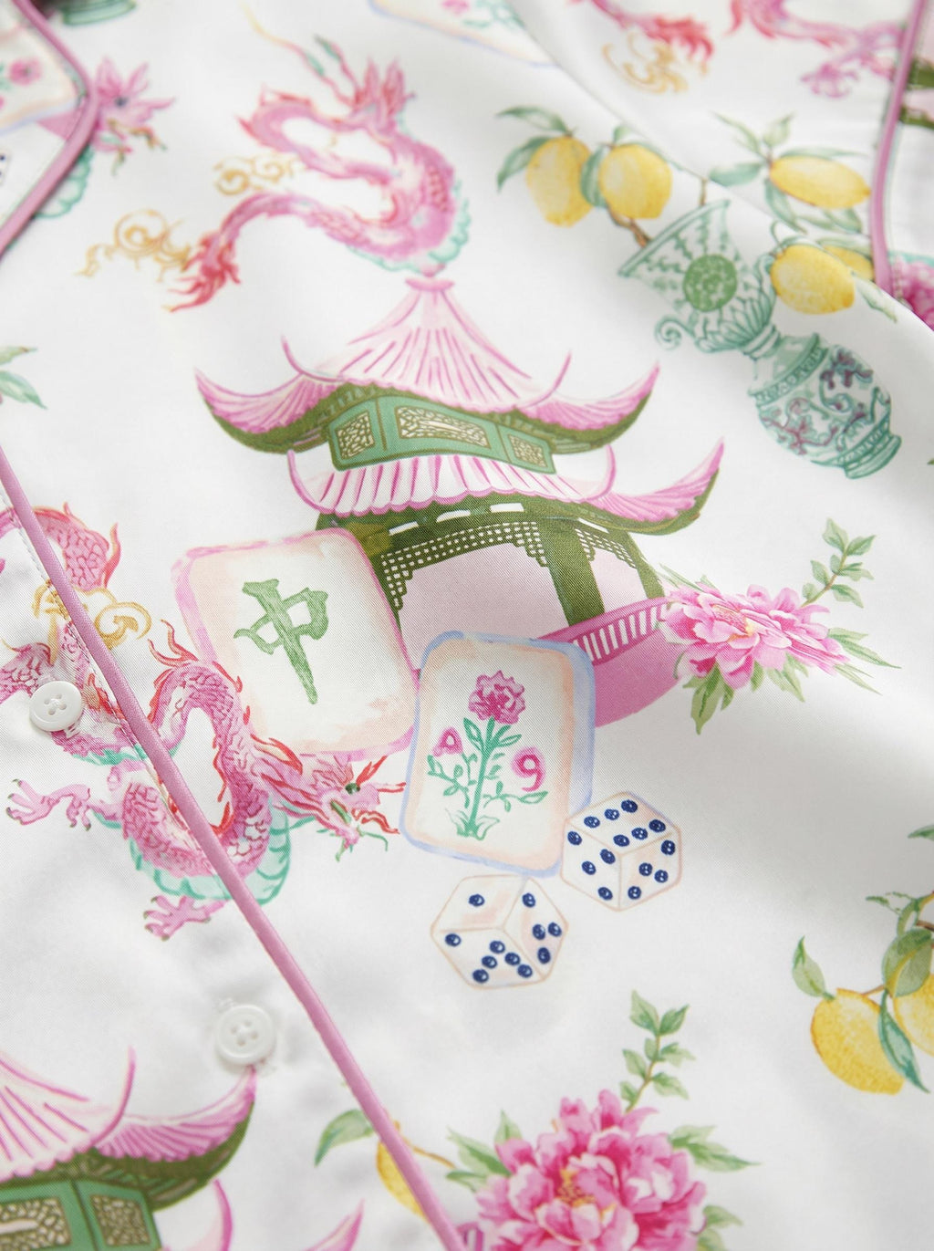 Mahjong Satin Pajama Set for Women, Chinese Dragon Print Pajamas, Summer Floral Silk PJs Aesthetic Loungewear, Gift for Mom