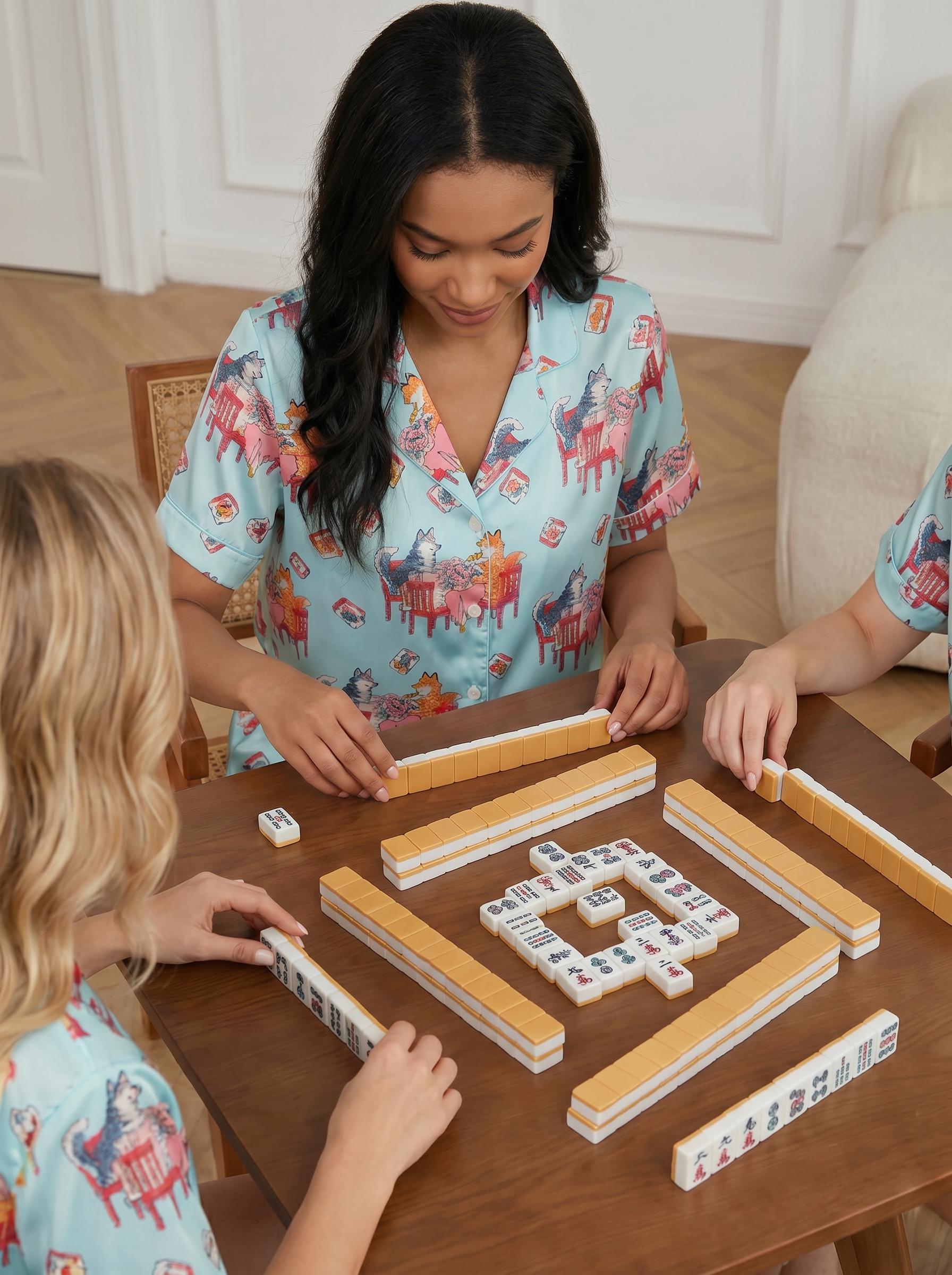 Animal Mahjong Satin Pajama Set, Cute Dog & Cat Pajamas, Summer Short PJs, Mahjong Party Outfit, Gift for Mahjong Lovers, Mother’s Day Gift