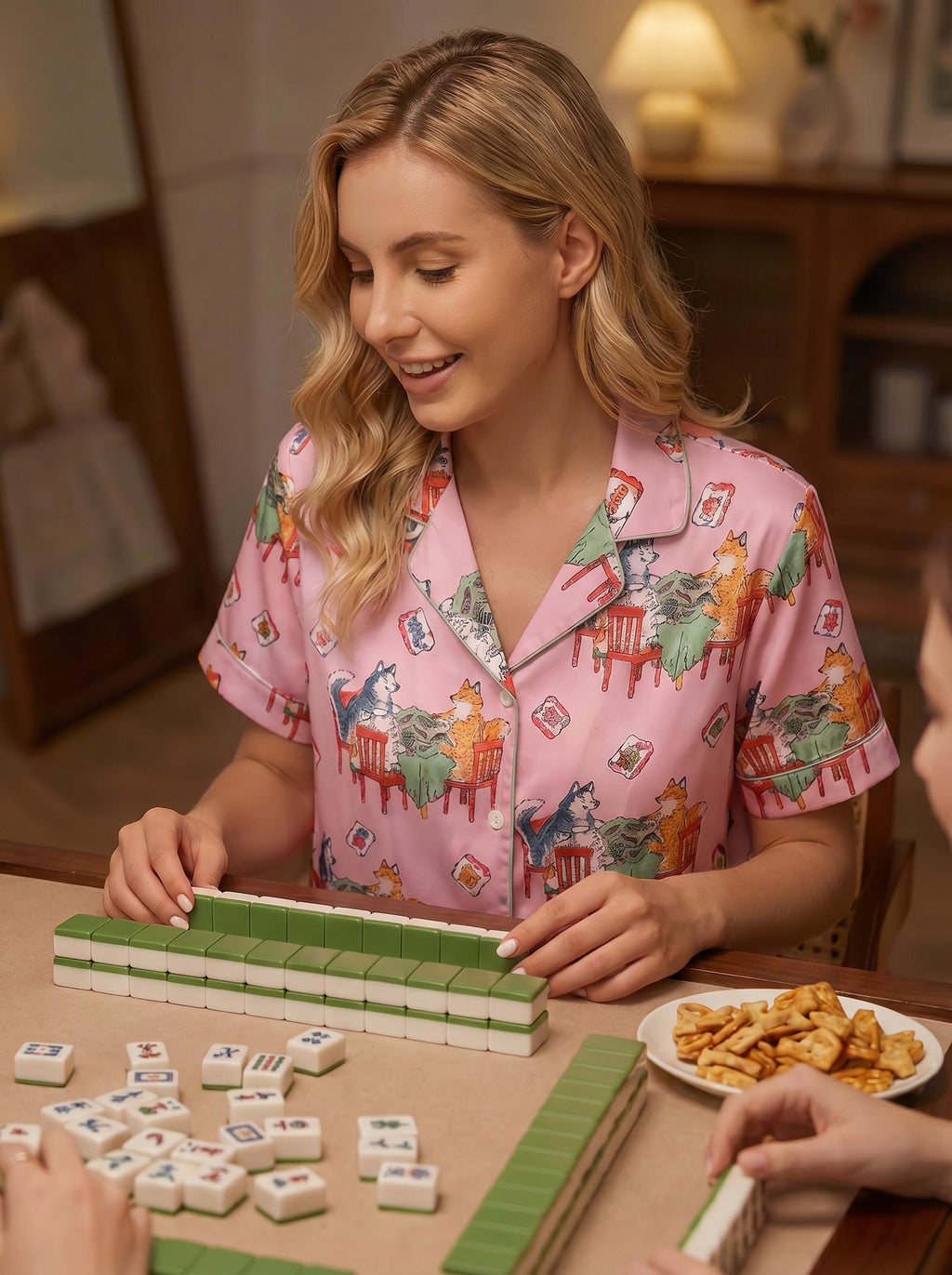 Animal Mahjong Satin Pajama Set, Cute Dog & Cat Pajamas, Summer Short PJs, Mahjong Party Outfit, Gift for Mahjong Lovers, Mother’s Day Gift