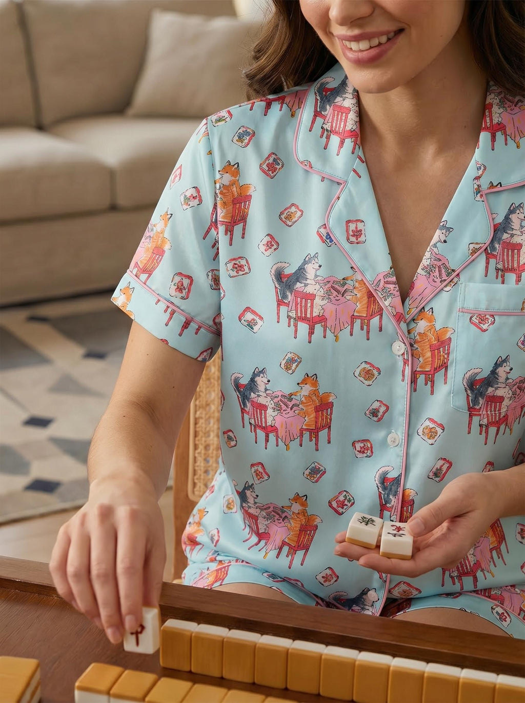 Animal Mahjong Satin Pajama Set, Cute Dog & Cat Pajamas, Summer Short PJs, Mahjong Party Outfit, Gift for Mahjong Lovers, Mother’s Day Gift