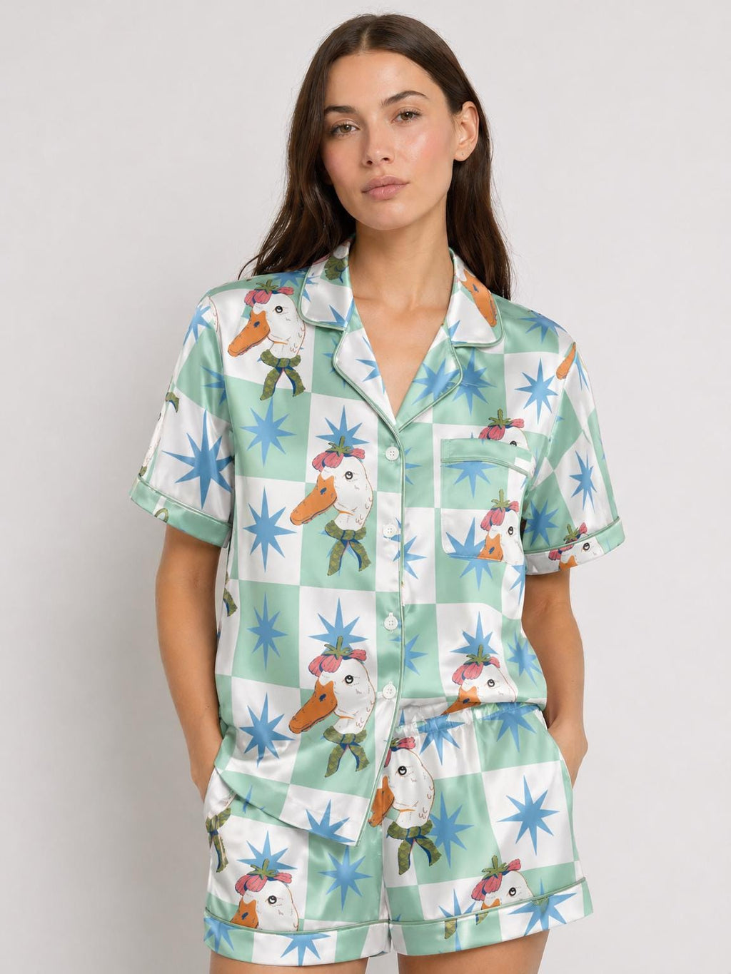 Cute Duck Satin Pajama Set, Kpop Idol Summer Pajamas, Checkerboard Star Print PJs, Dopamine Aesthetic Sleepwear