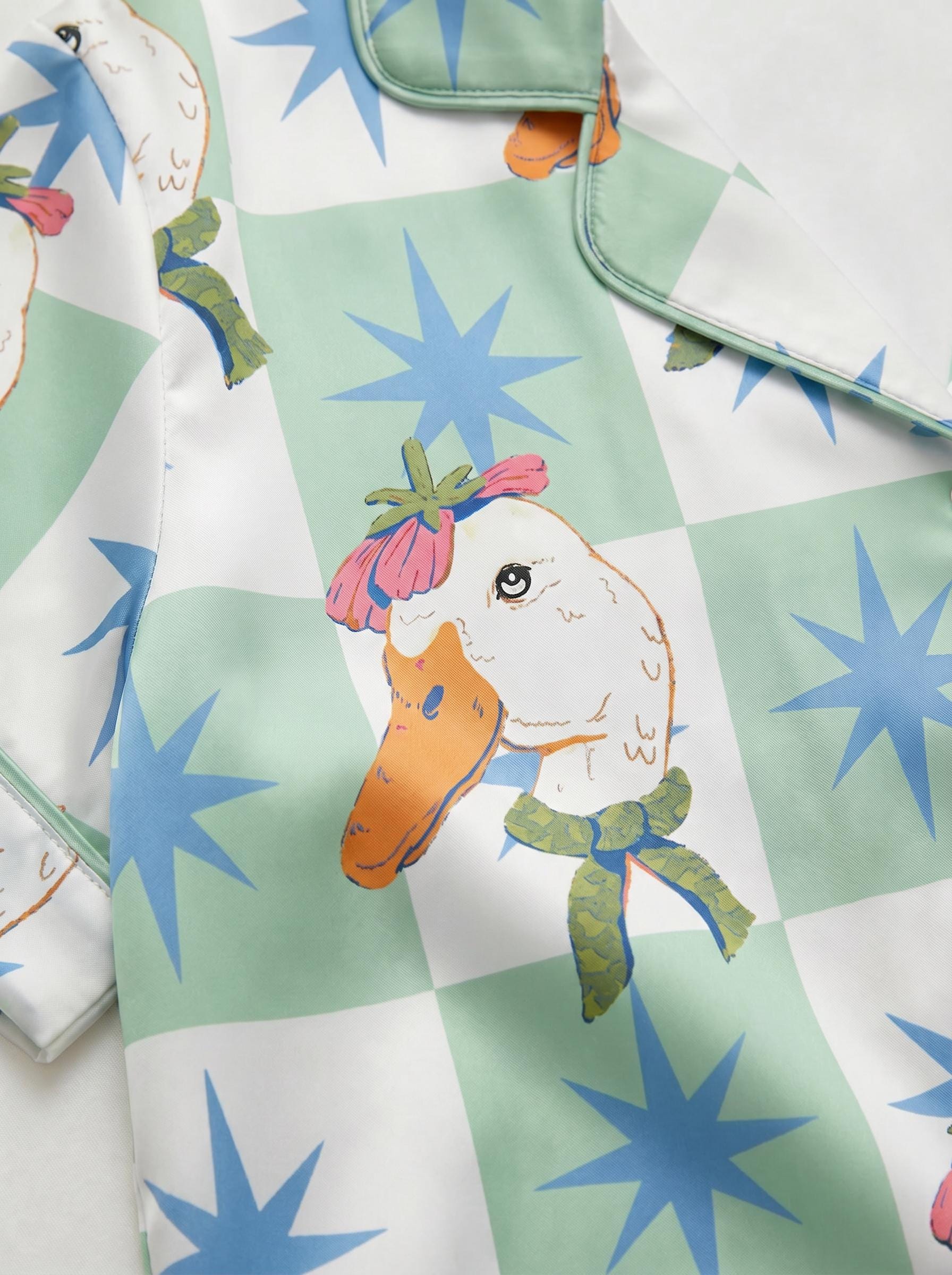 Cute Duck Satin Pajama Set, Kpop Idol Summer Pajamas, Checkerboard Star Print PJs, Dopamine Aesthetic Sleepwear