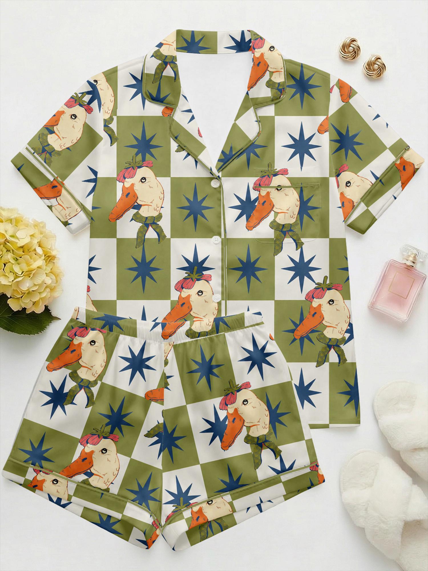 Cute Duck Satin Pajama Set, Kpop Idol Summer Pajamas, Checkerboard Star Print PJs, Dopamine Aesthetic Sleepwear