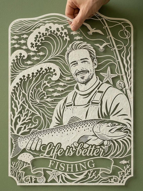 Custom Fishing Papercut Portrait from Photo, Father’s Day Gift for Dad, Personalized Fisherman Gift, Grandpa Gift, Fishing Lover Wall Art