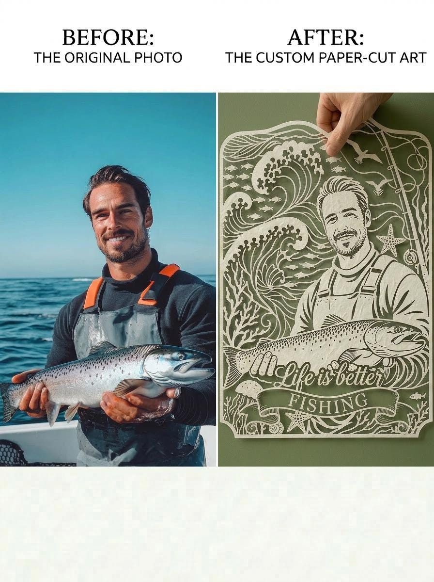 Custom Fishing Papercut Portrait from Photo, Father’s Day Gift for Dad, Personalized Fisherman Gift, Grandpa Gift, Fishing Lover Wall Art