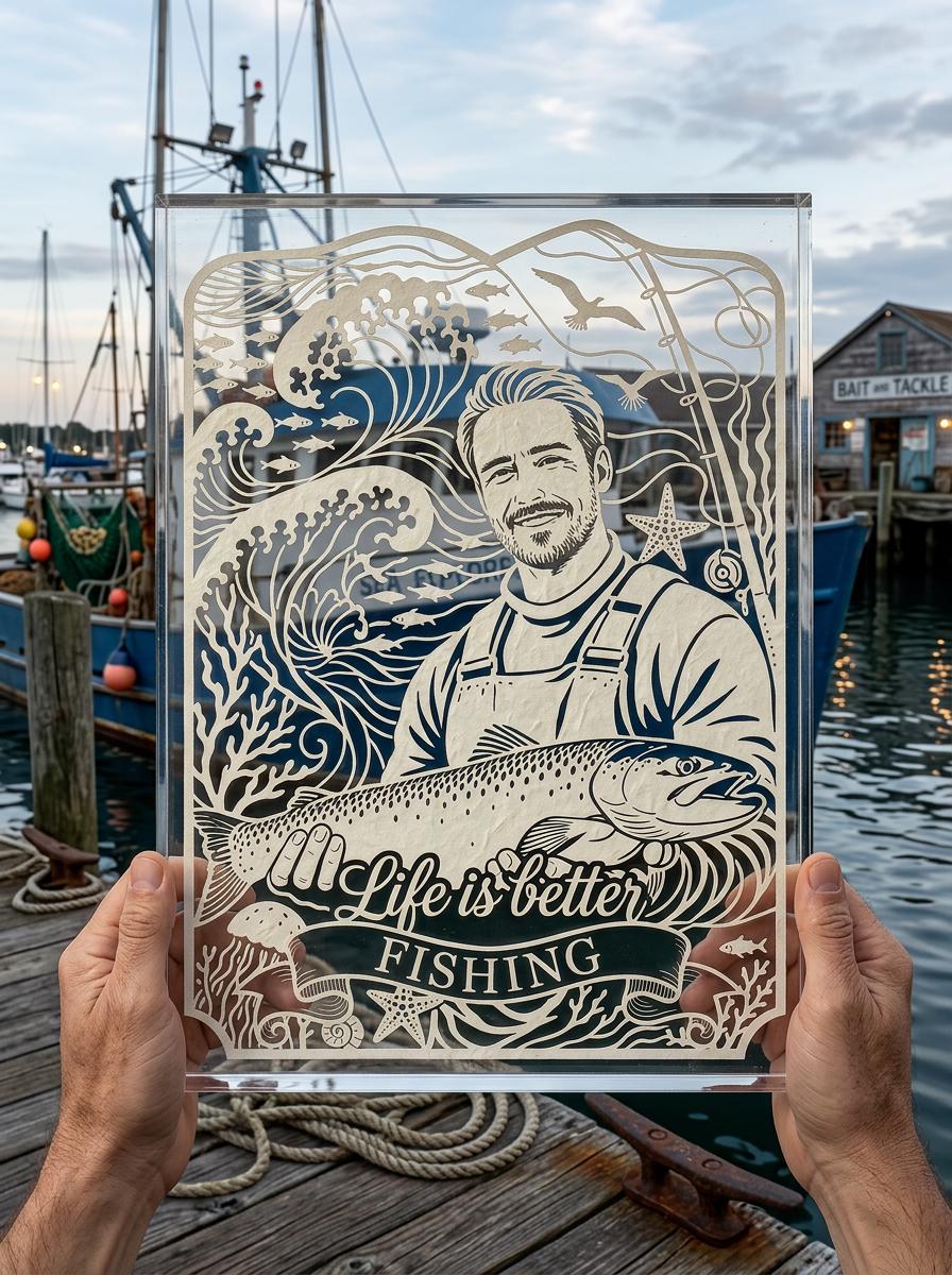 Custom Fishing Papercut Portrait from Photo, Father’s Day Gift for Dad, Personalized Fisherman Gift, Grandpa Gift, Fishing Lover Wall Art