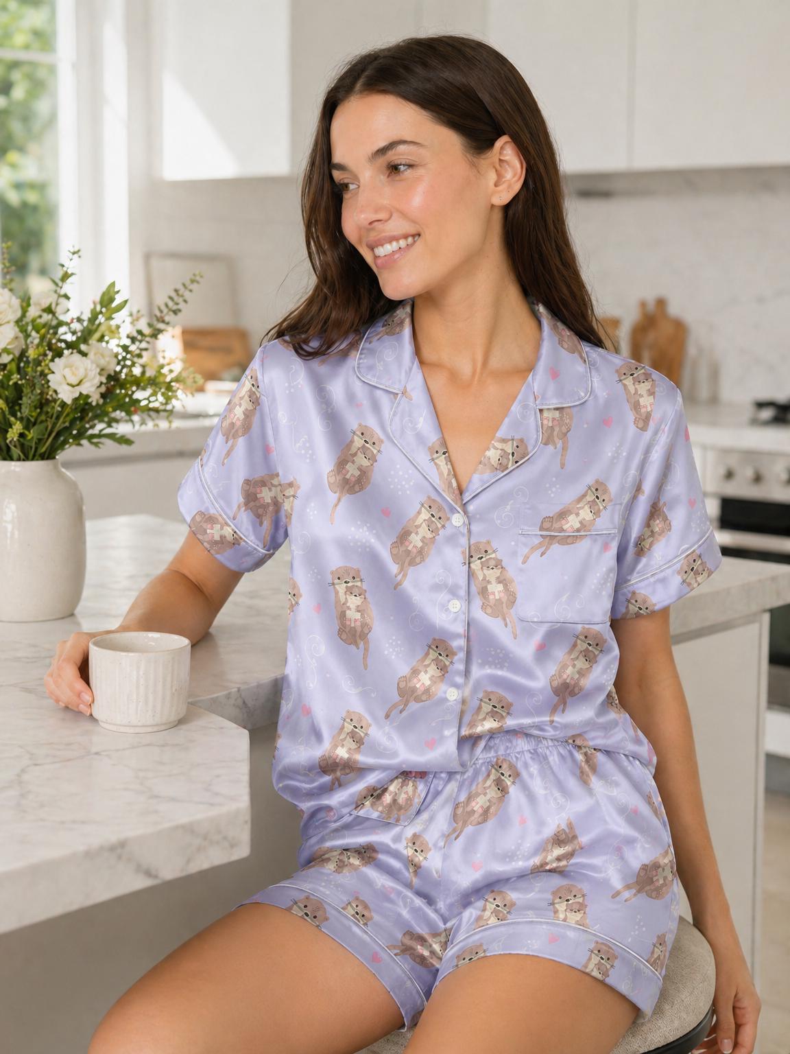 Otter Mom Satin Pajama Set, Cute Baby Otter PJs, Summer Short  Sleepwear, Cottagecore Animal Lounge Set
