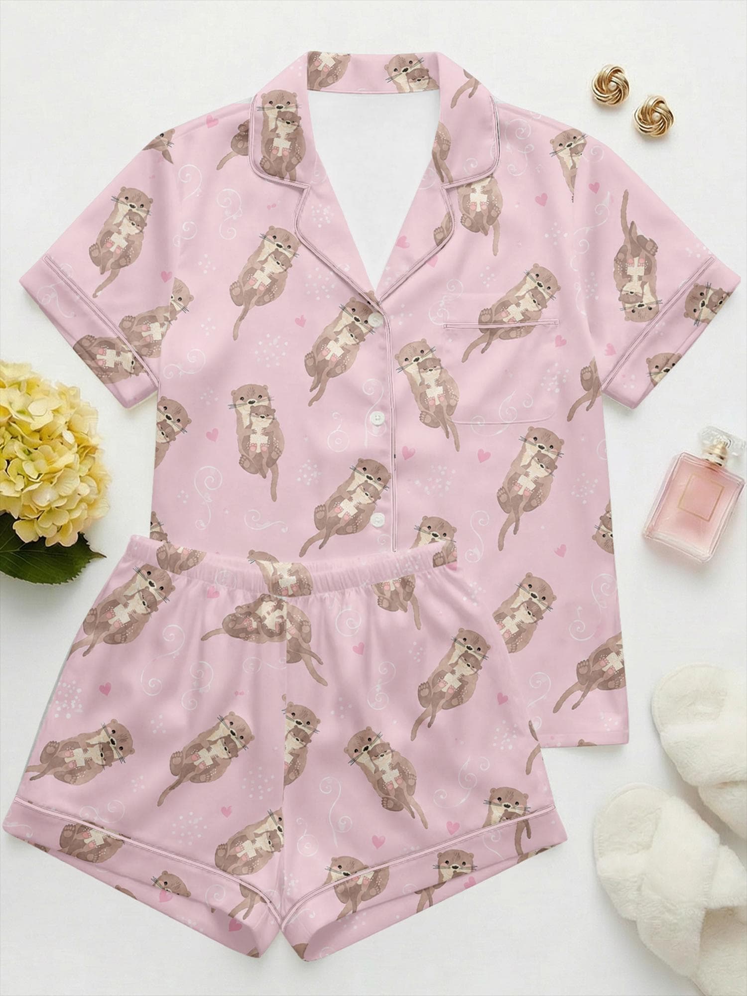 Otter Mom Satin Pajama Set, Cute Baby Otter PJs, Summer Short  Sleepwear, Cottagecore Animal Lounge Set