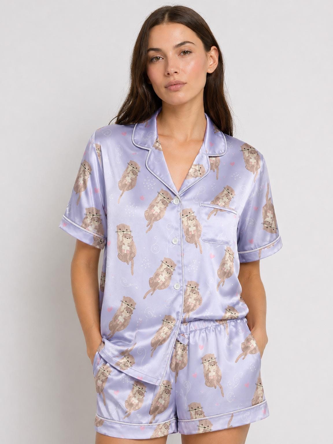 Otter Mom Satin Pajama Set, Cute Baby Otter PJs, Summer Short  Sleepwear, Cottagecore Animal Lounge Set