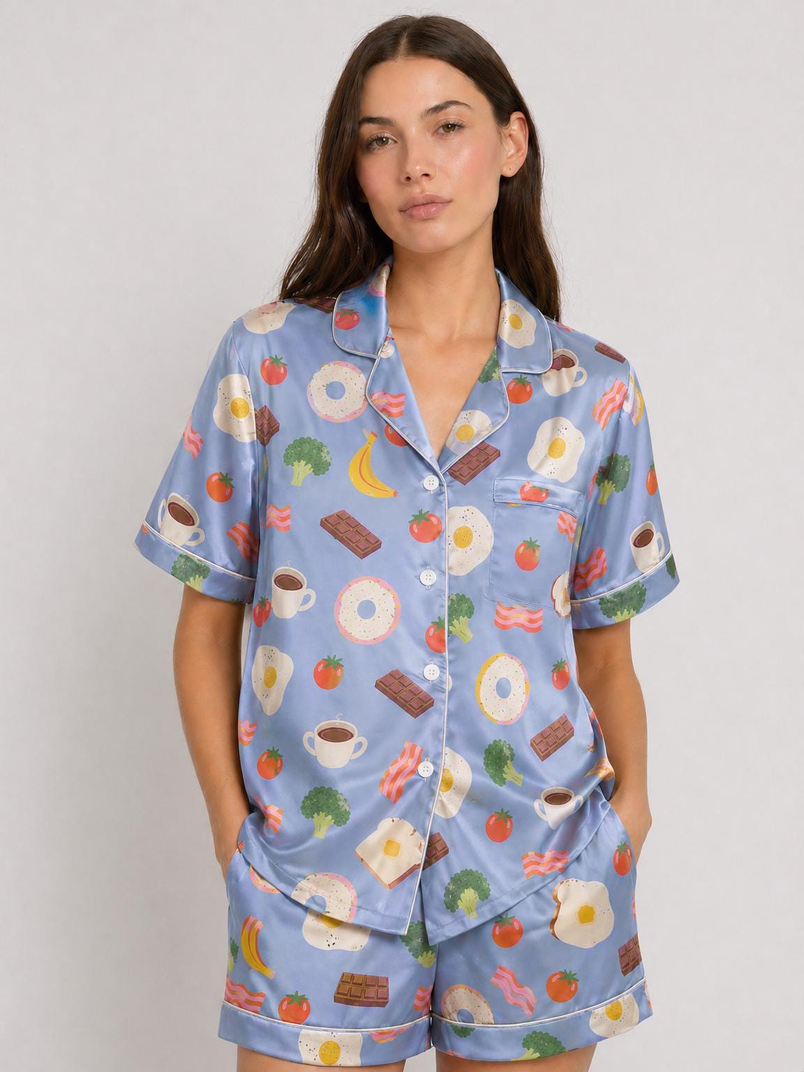 Breakfast Satin Pajama Set, Egg Print Summer Pajamas, Cute Food Sleepwear, Short  Lounge Set