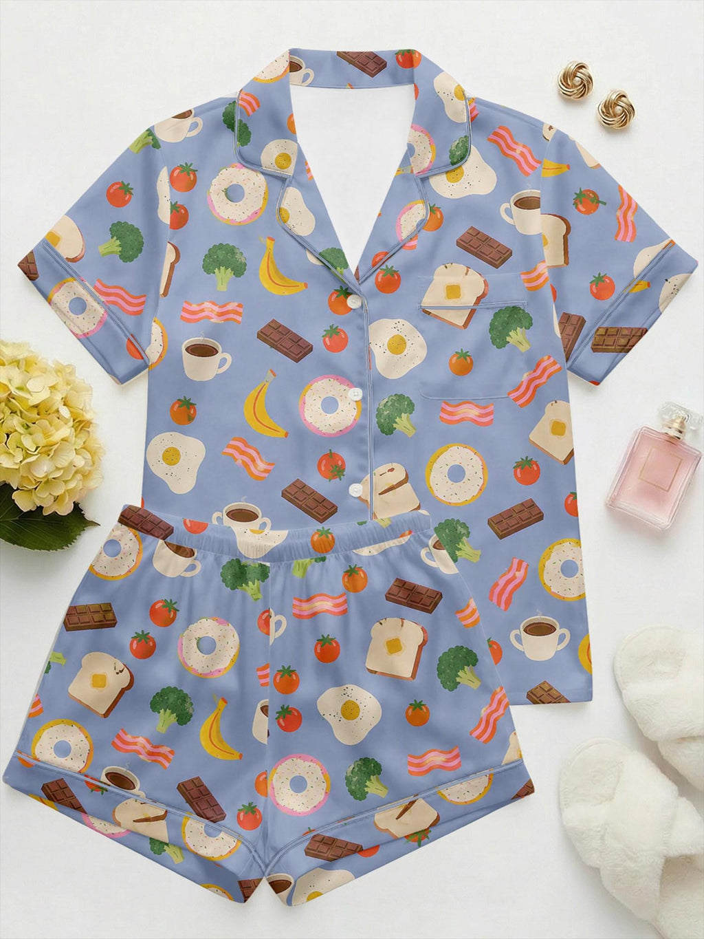 Breakfast Satin Pajama Set, Egg Print Summer Pajamas, Cute Food Sleepwear, Short  Lounge Set