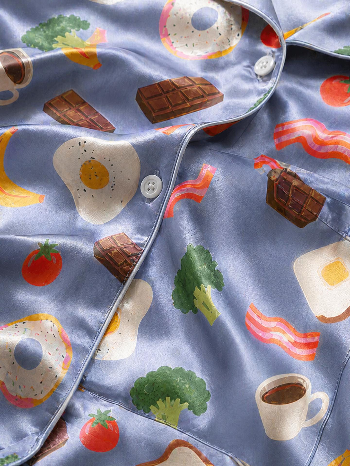 Breakfast Satin Pajama Set, Egg Print Summer Pajamas, Cute Food Sleepwear, Short  Lounge Set