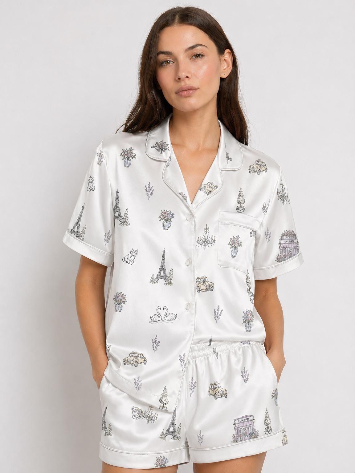 Paris Satin Pajama Set, Bridal Pajamas for Wedding, Romantic French Sleepwear, Bridesmaid Gift Set, Short Summer PJs, Honeymoon Outfit