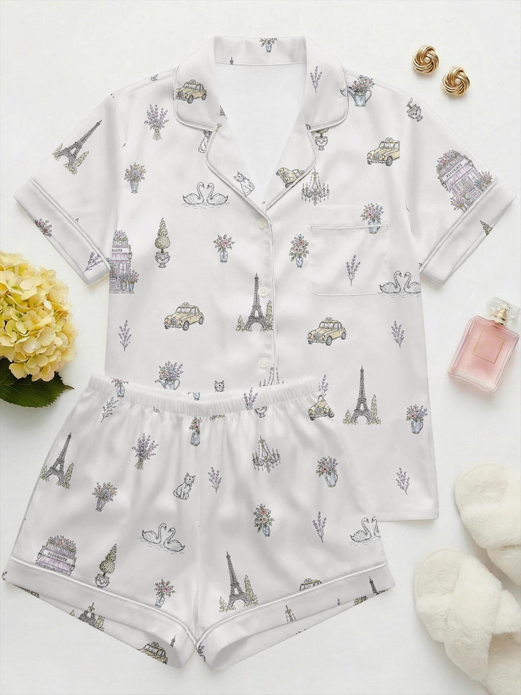 Paris Satin Pajama Set, Bridal Pajamas for Wedding, Romantic French Sleepwear, Bridesmaid Gift Set, Short Summer PJs, Honeymoon Outfit
