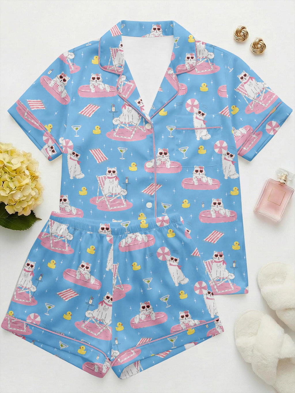 Vacation Cat Satin Pajama Set, Cute  Summer Pajamas, Pool Party Sleepwear, Beach Lounge PJs, Animal Pajamas, Birthday Gift for Her