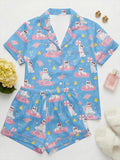Vacation Cat Satin Pajama Set, Cute  Summer Pajamas, Pool Party Sleepwear, Beach Lounge PJs, Animal Pajamas, Birthday Gift for Her