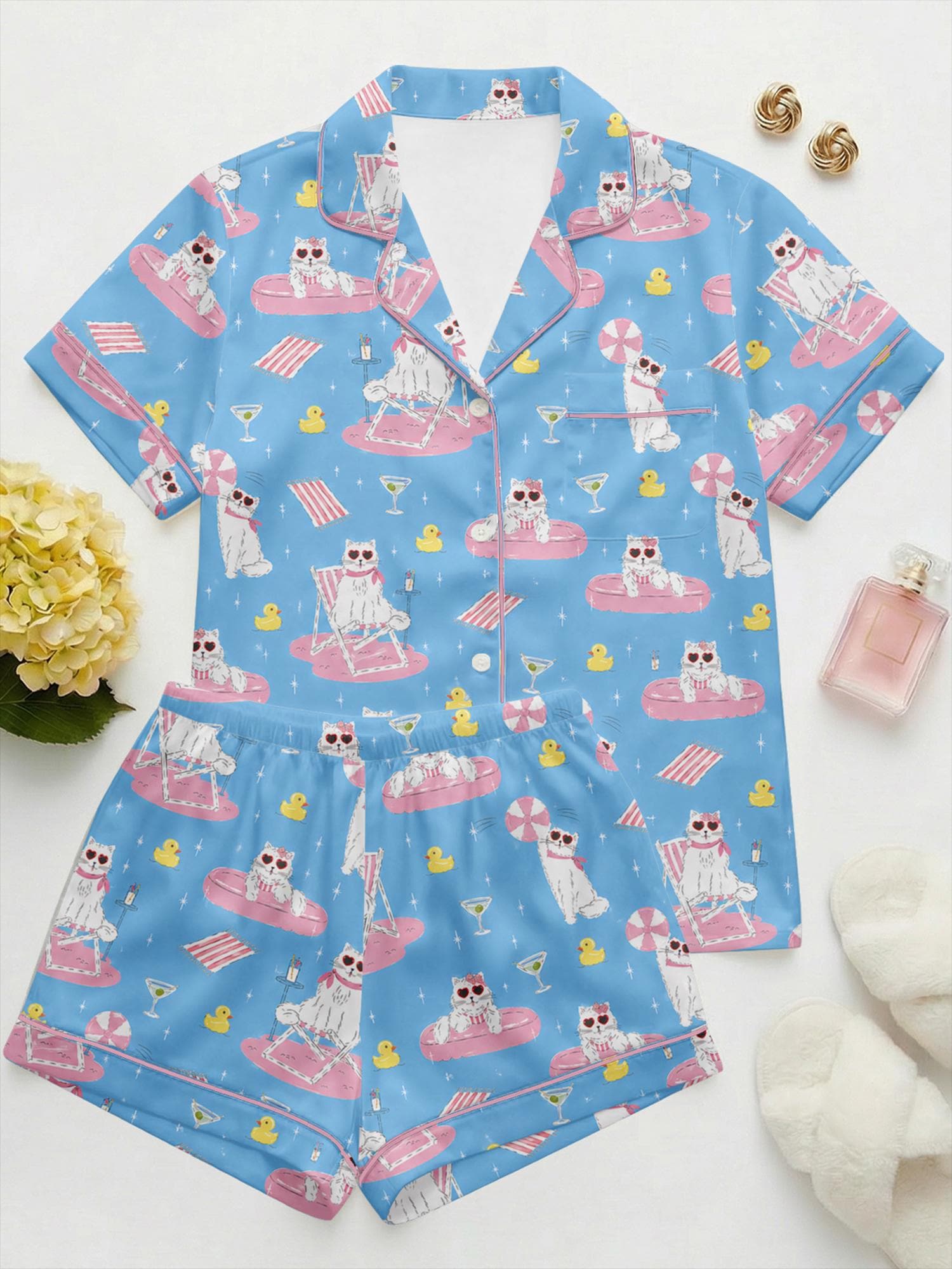 Vacation Cat Satin Pajama Set, Cute  Summer Pajamas, Pool Party Sleepwear, Beach Lounge PJs, Animal Pajamas, Birthday Gift for Her