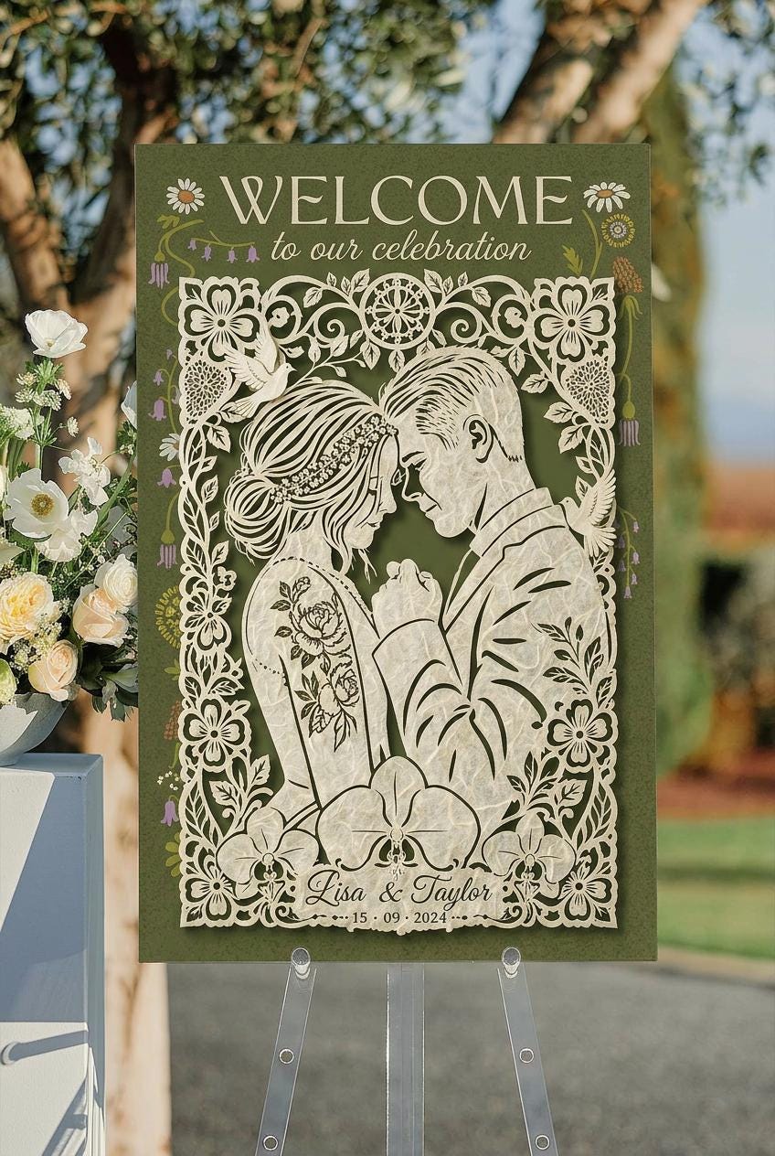 Custom Wedding Welcome Sign Papercut, Personalized Couple Portrait Sign, Wedding Reception Decor, Anniversary Gift, Custom Photo Paper Art