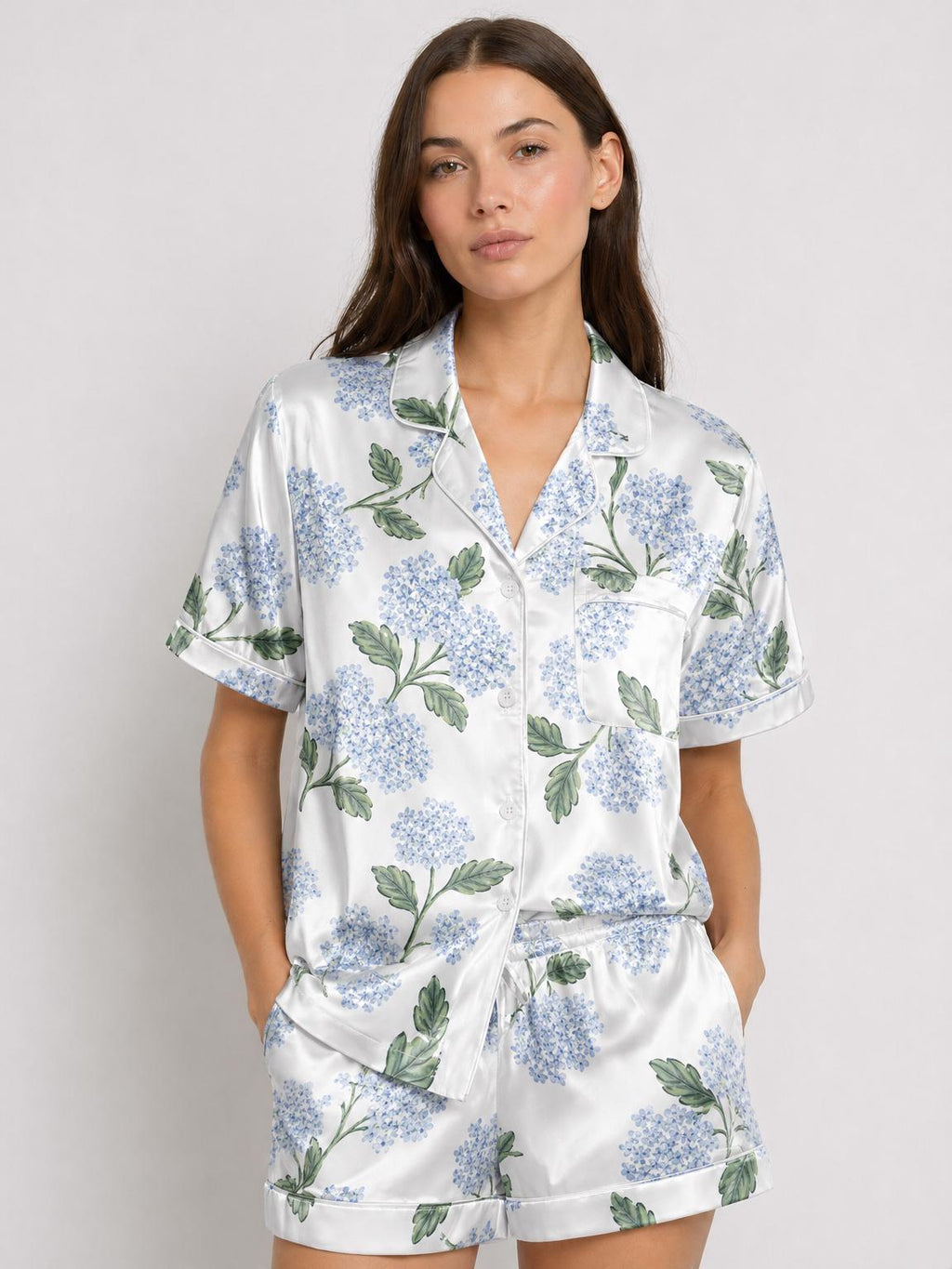 Hydrangea Satin Pajama Set, Floral Bridal Pajamas, Garden Print Sleepwear, Short Summer PJs, Custom Flower Pajamas, Bridesmaid Gift