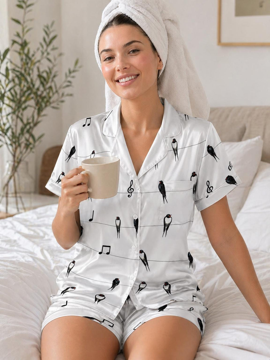 Swallow Satin Pajama Set, Bird Print Sleepwear, Musical Notes Pajamas, Bridal Pajamas Set, Short Sleeve Summer PJs, Custom Bird Pajamas