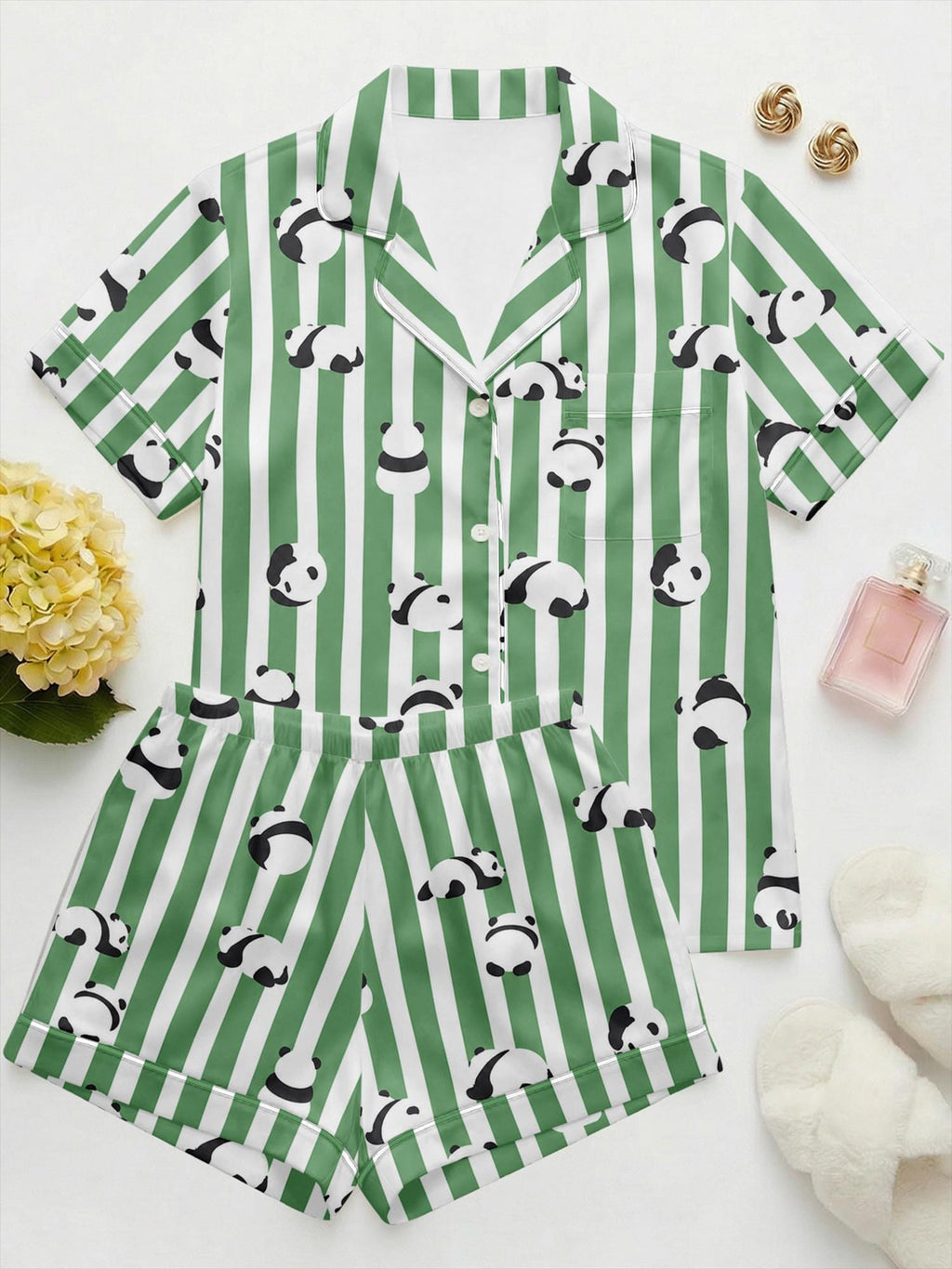 Panda Satin Pajama Set, Striped Cute Animal Pajamas, Summer Short PJs, Green Stripe Sleepwear, Custom Animal Pajamas, Gift for Her