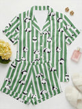 Panda Satin Pajama Set, Striped Cute Animal Pajamas, Summer Short PJs, Green Stripe Sleepwear, Custom Animal Pajamas, Gift for Her