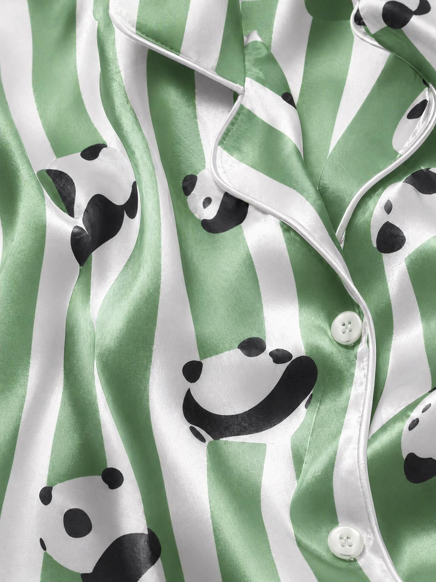 Panda Satin Pajama Set, Striped Cute Animal Pajamas, Summer Short PJs, Green Stripe Sleepwear, Custom Animal Pajamas, Gift for Her