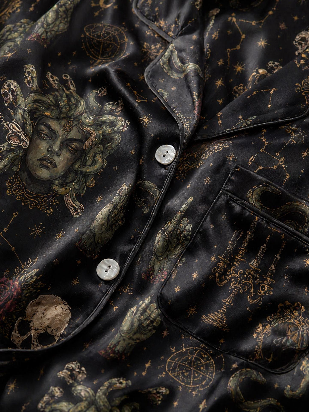 Medusa Skull Satin Pajama Set, Gothic Celestial Loungewear, Dark Witchy Sleepwear
