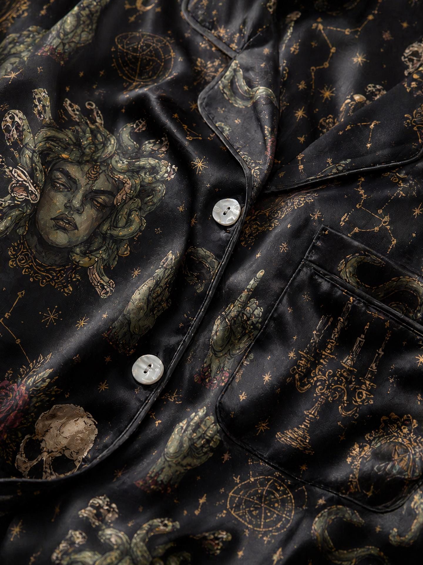 Medusa Skull Satin Pajama Set, Gothic Celestial Loungewear, Dark Witchy Sleepwear
