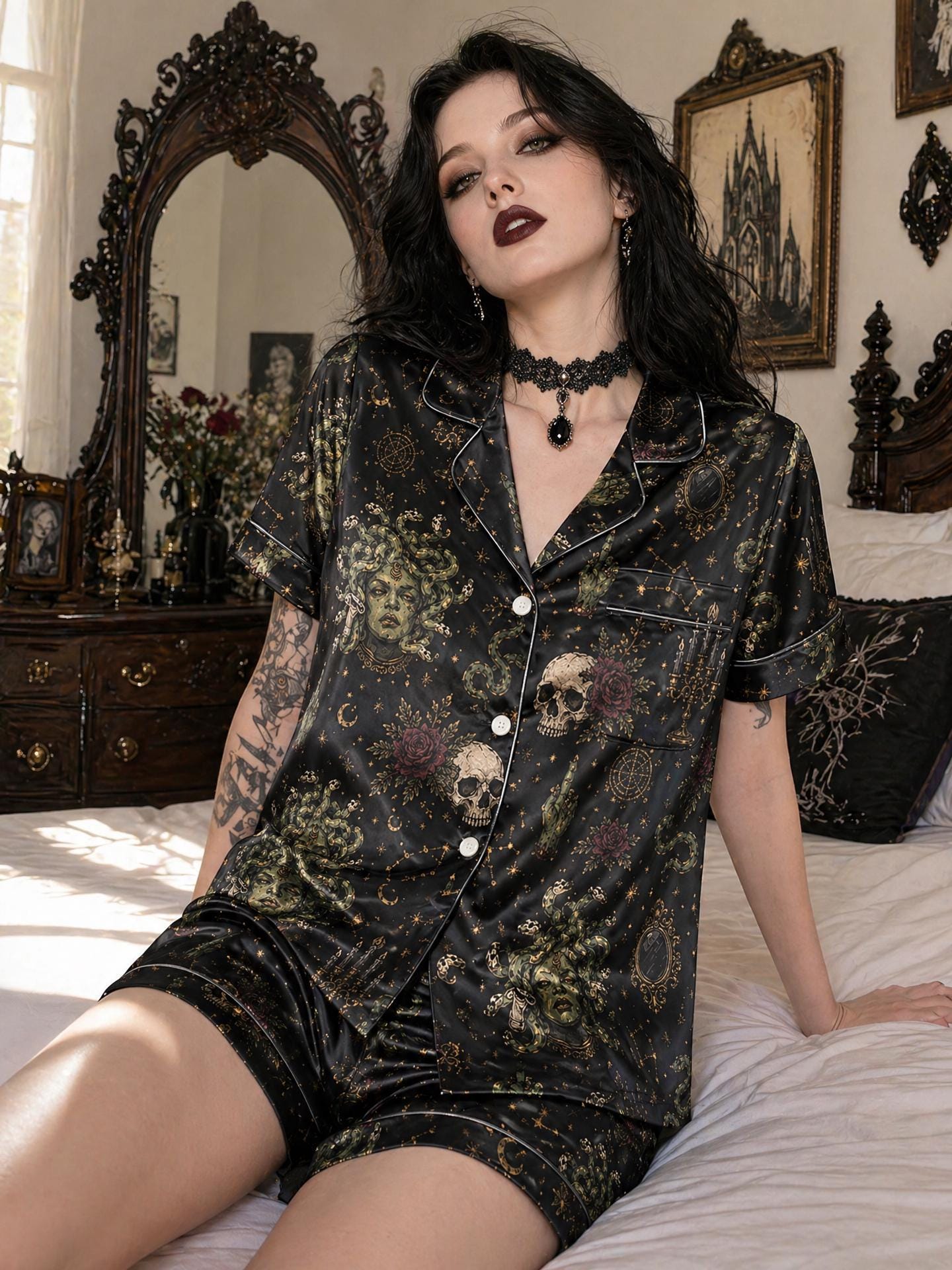 Medusa Skull Satin Pajama Set, Gothic Celestial Loungewear, Dark Witchy Sleepwear