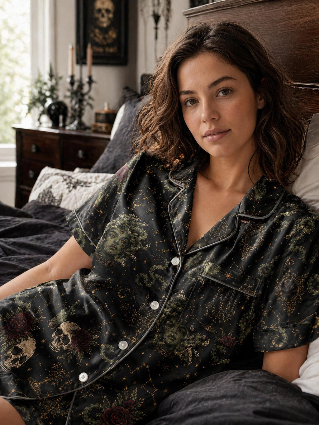 Medusa Skull Satin Pajama Set, Gothic Celestial Loungewear, Dark Witchy Sleepwear