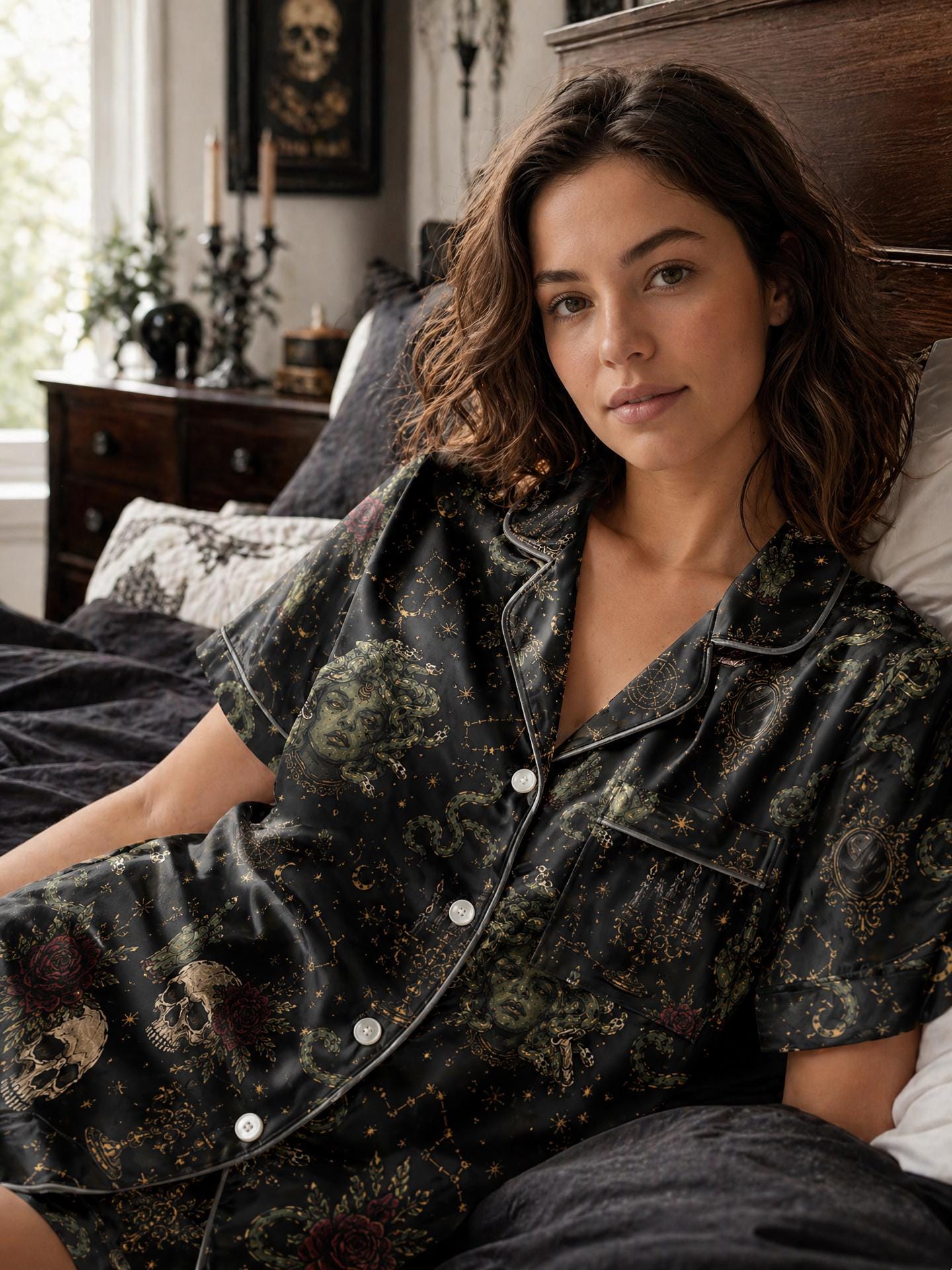 Medusa Skull Satin Pajama Set, Gothic Celestial Loungewear, Dark Witchy Sleepwear