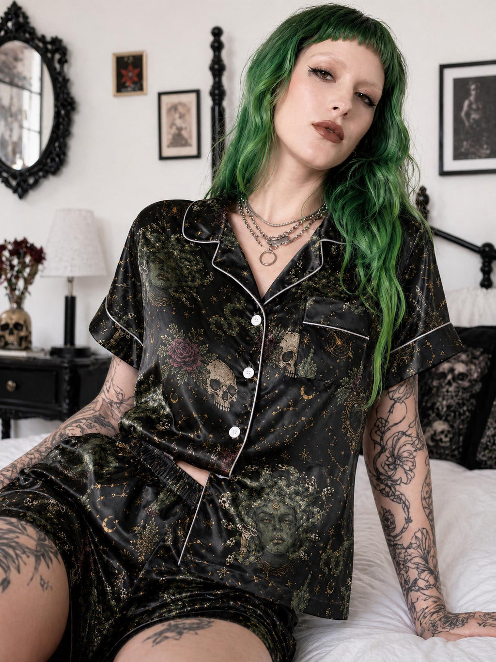 Medusa Skull Satin Pajama Set, Gothic Celestial Loungewear, Dark Witchy Sleepwear