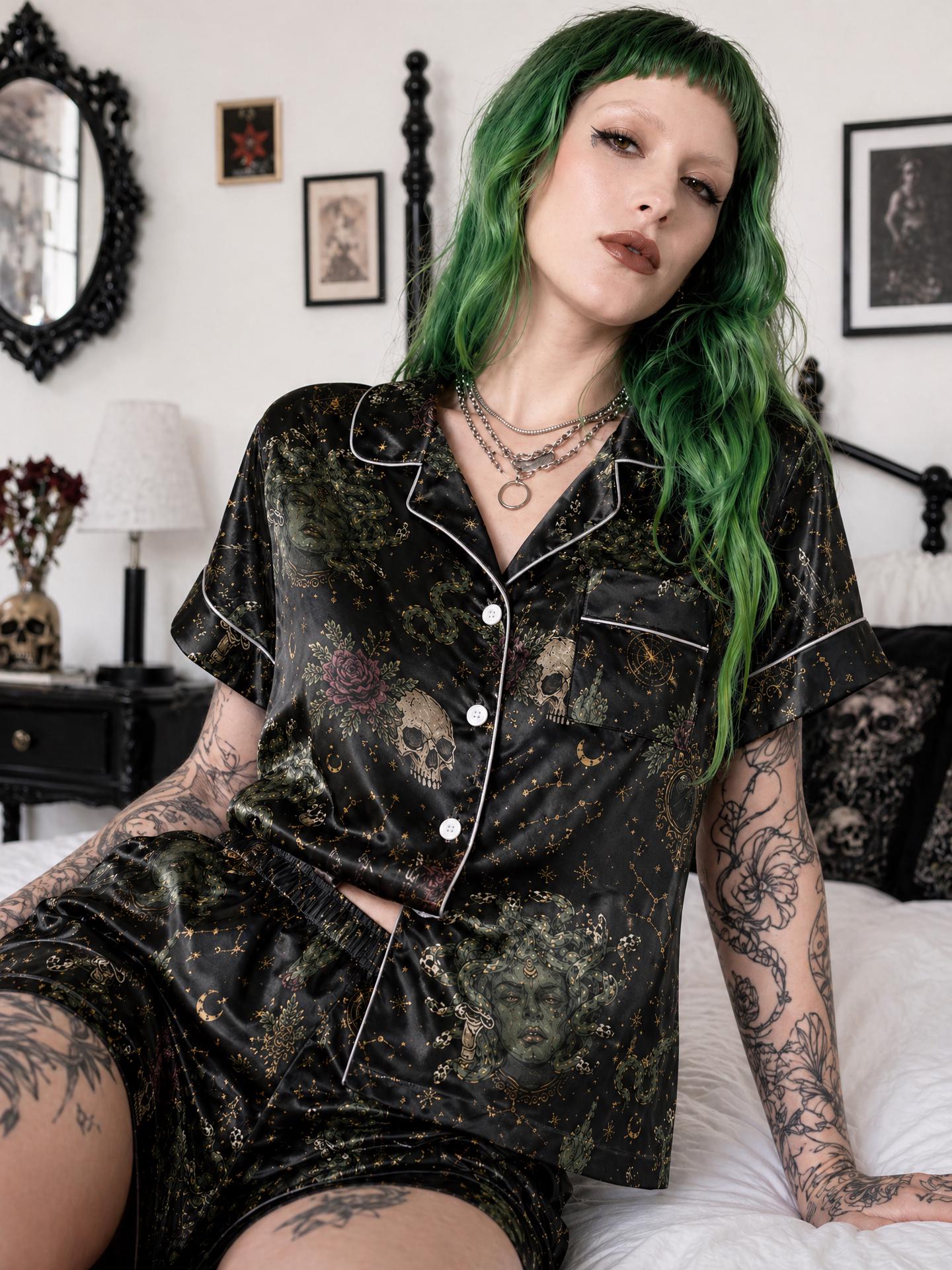Medusa Skull Satin Pajama Set, Gothic Celestial Loungewear, Dark Witchy Sleepwear
