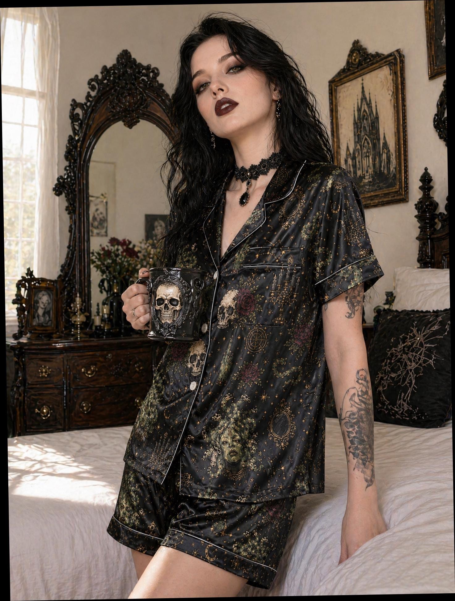 Medusa Skull Satin Pajama Set, Gothic Celestial Loungewear, Dark Witchy Sleepwear